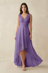 V - Neck High - Low Chiffon Bridesmaid Dress in Tahiti - KissProm Bridesmaid Dresses