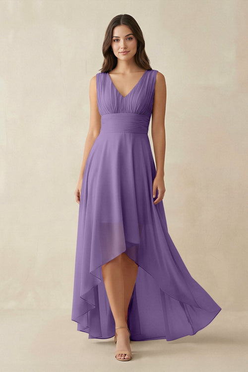 V - Neck High - Low Chiffon Bridesmaid Dress in Tahiti - KissProm Bridesmaid Dresses