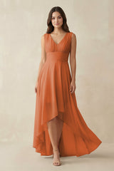 V - Neck High - Low Chiffon Bridesmaid Dress in Terracotta - KissProm Bridesmaid Dresses