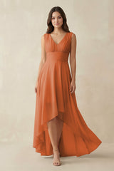V - Neck High - Low Chiffon Bridesmaid Dress in Terracotta - KissProm Bridesmaid Dresses