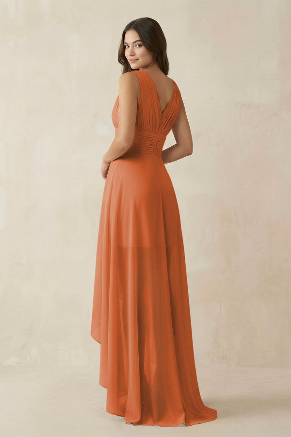 V - Neck High - Low Chiffon Bridesmaid Dress in Terracotta - KissProm Bridesmaid Dresses