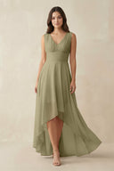 V - Neck High - Low Chiffon Bridesmaid Dress in Thyme - KissProm Bridesmaid Dresses