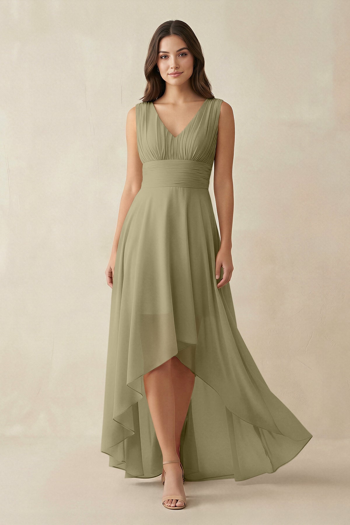 V-Neck High-Low Chiffon Bridesmaid Dress in Thyme