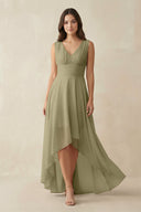V - Neck High - Low Chiffon Bridesmaid Dress in Thyme - KissProm Bridesmaid Dresses