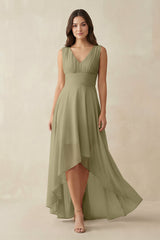 V - Neck High - Low Chiffon Bridesmaid Dress in Thyme - KissProm Bridesmaid Dresses