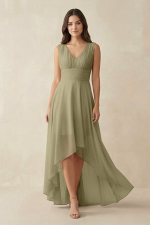 V - Neck High - Low Chiffon Bridesmaid Dress in Thyme - KissProm Bridesmaid Dresses