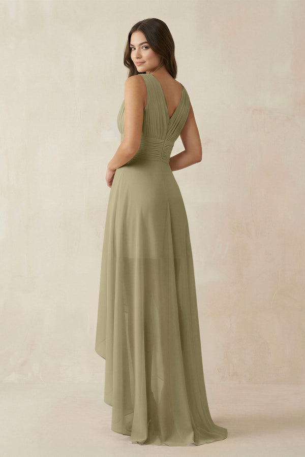V - Neck High - Low Chiffon Bridesmaid Dress in Thyme - KissProm Bridesmaid Dresses