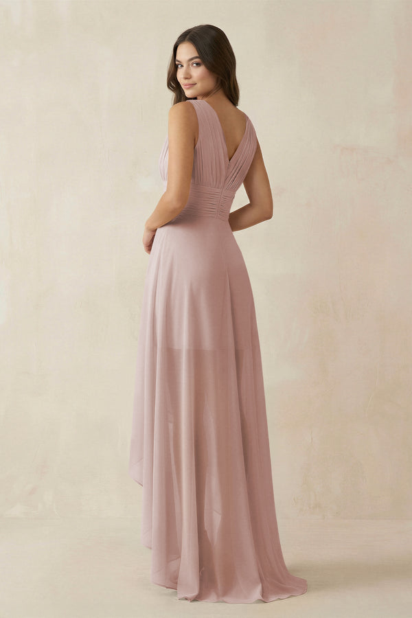 V - Neck High - Low Chiffon Bridesmaid Dress in Toffee - KissProm Bridesmaid Dresses