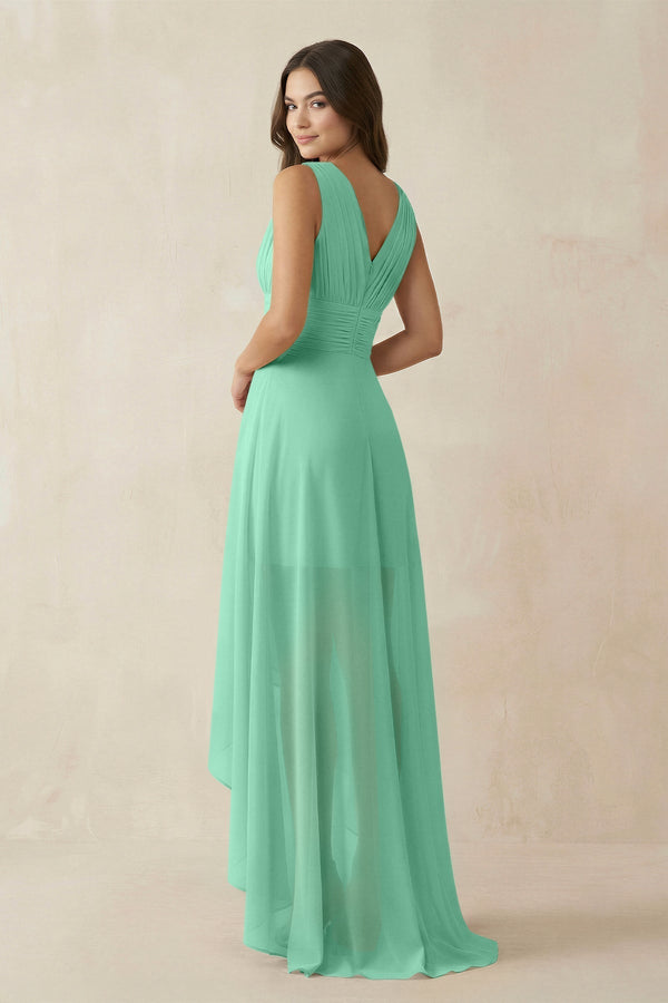 V - Neck High - Low Chiffon Bridesmaid Dress in Turquoise - KissProm Bridesmaid Dresses
