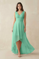 V - Neck High - Low Chiffon Bridesmaid Dress in Turquoise - KissProm Bridesmaid Dresses