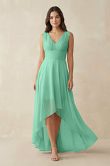 V - Neck High - Low Chiffon Bridesmaid Dress in Turquoise - KissProm Bridesmaid Dresses