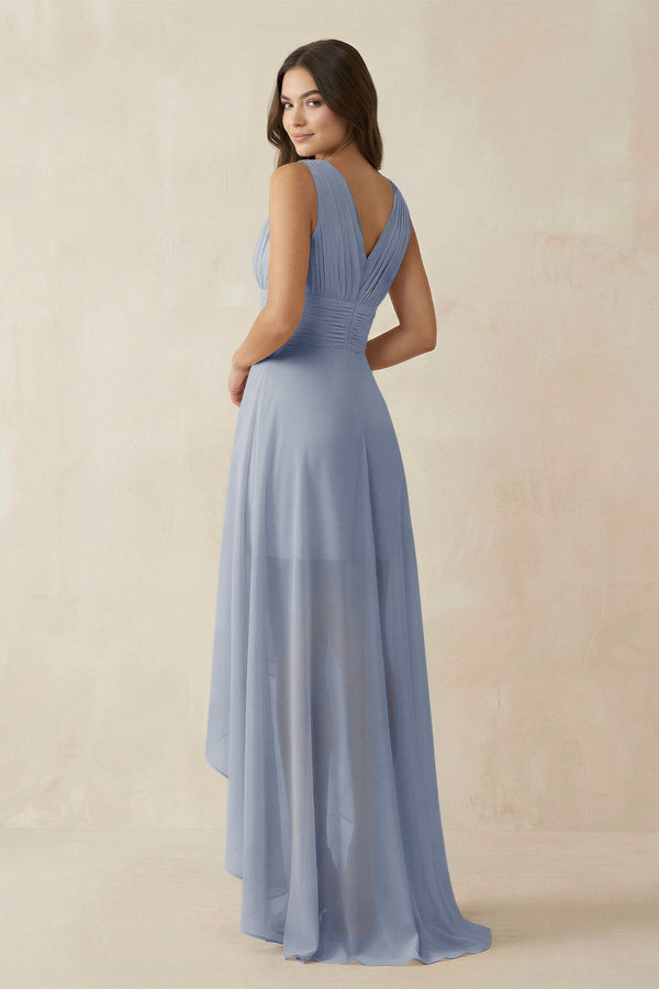 V - Neck High - Low Chiffon Bridesmaid Dress in Twilight - KissProm Bridesmaid Dresses