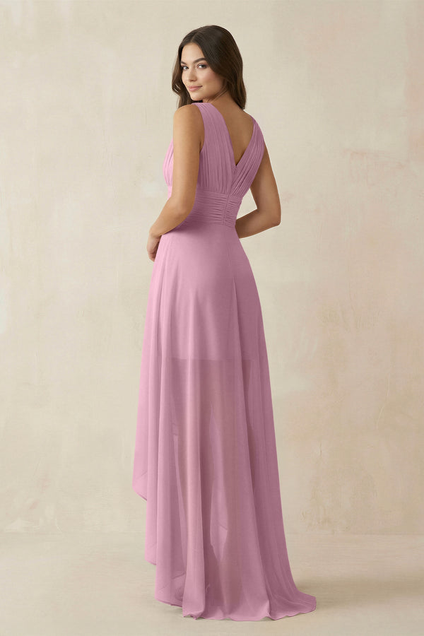 V - Neck High - Low Chiffon Bridesmaid Dress in Vintage Mauve - KissProm Bridesmaid Dresses