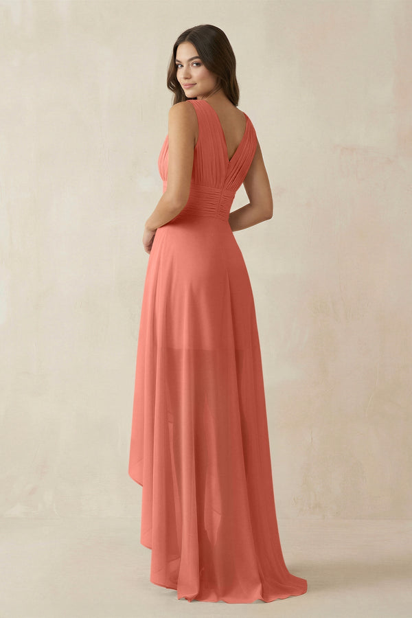 V - Neck High - Low Chiffon Bridesmaid Dress in Wild Rose - KissProm Bridesmaid Dresses