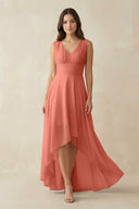 V - Neck High - Low Chiffon Bridesmaid Dress in Wild Rose - KissProm Bridesmaid Dresses