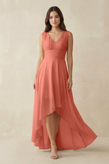 V - Neck High - Low Chiffon Bridesmaid Dress in Wild Rose - KissProm Bridesmaid Dresses