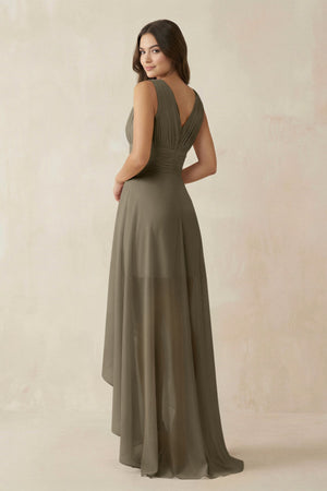 V - Neck High - Low Chiffon Bridesmaid Dress in Willow Green - KissProm Bridesmaid Dresses