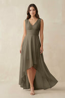 V - Neck High - Low Chiffon Bridesmaid Dress in Willow Green - KissProm Bridesmaid Dresses