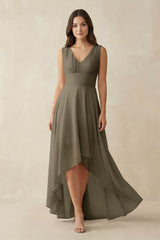 V - Neck High - Low Chiffon Bridesmaid Dress in Willow Green - KissProm Bridesmaid Dresses