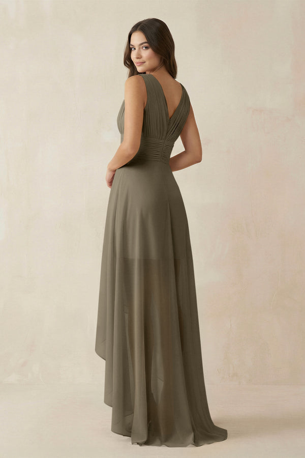 V - Neck High - Low Chiffon Bridesmaid Dress in Willow Green - KissProm Bridesmaid Dresses