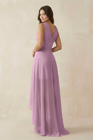 V - Neck High - Low Chiffon Bridesmaid Dress in Wisteria - KissProm Bridesmaid Dresses