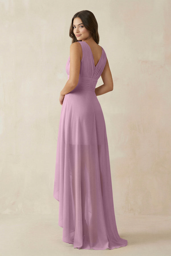 V - Neck High - Low Chiffon Bridesmaid Dress in Wisteria - KissProm Bridesmaid Dresses