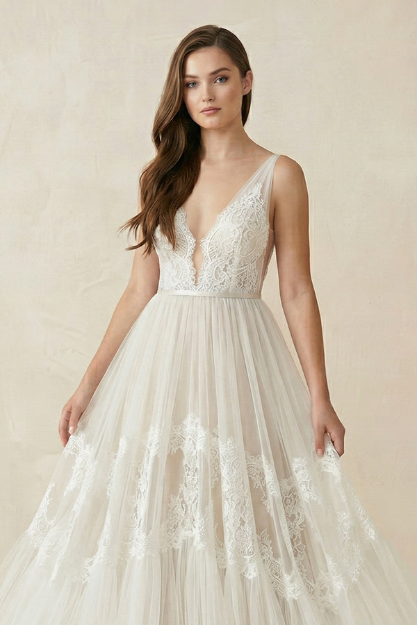 Boho V-Neck Lace Tulle Wedding Dress – Wedding Dresses by KissProm | Available at KissProm