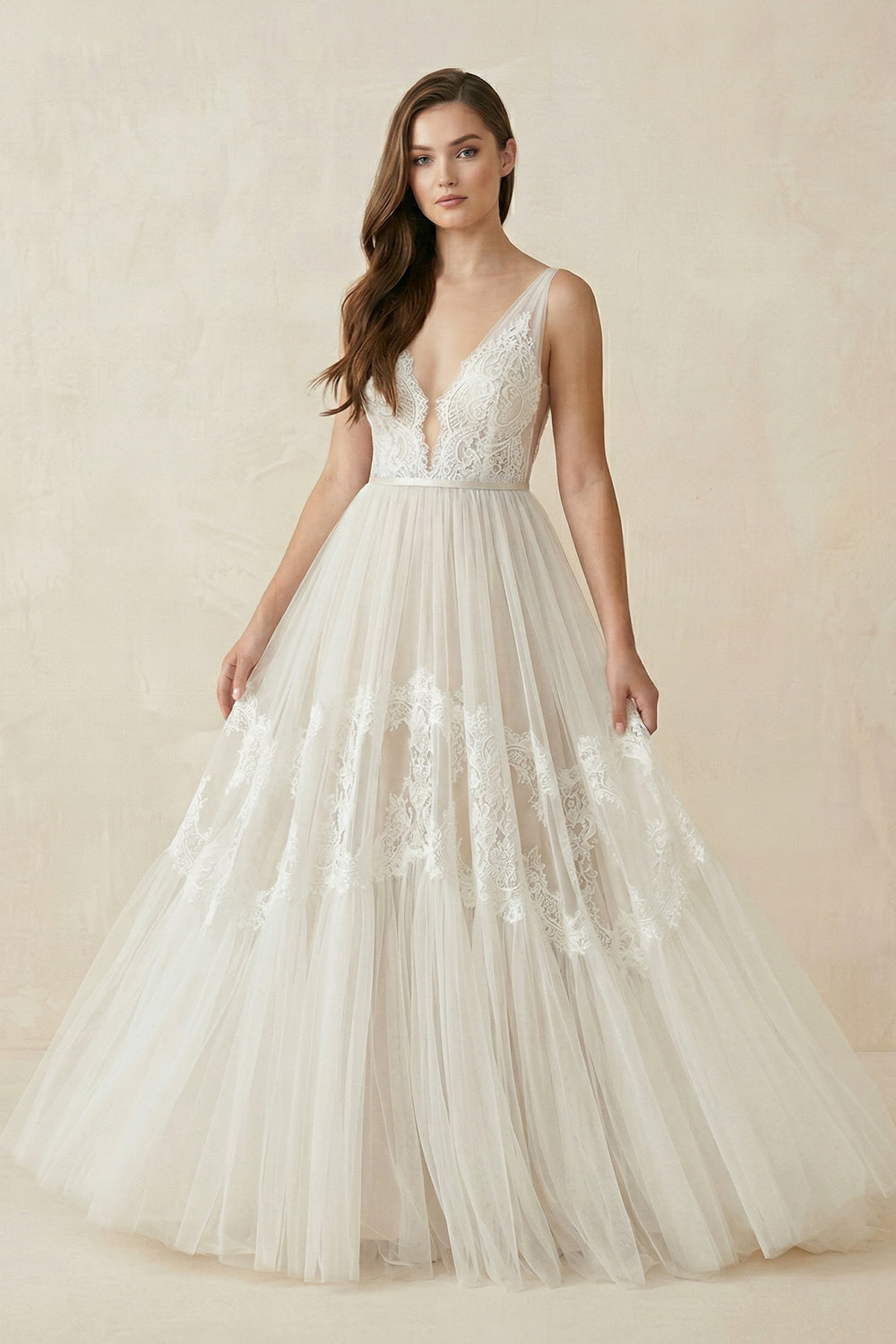 Boho V-Neck Lace Tulle Wedding Dress – Wedding Dresses by KissProm | Available at KissProm