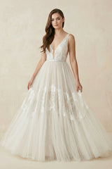 Boho V-Neck Lace Tulle Wedding Dress – Wedding Dresses by KissProm | Available at KissProm