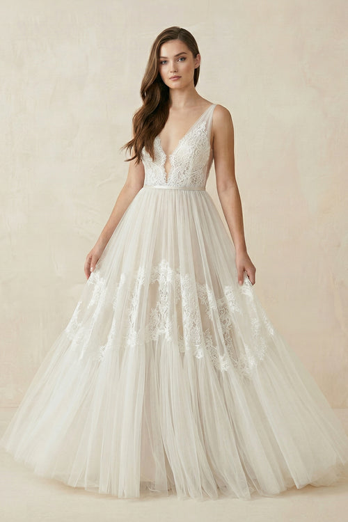 Boho V-Neck Lace Tulle Wedding Dress – Wedding Dresses by KissProm | Available at KissProm