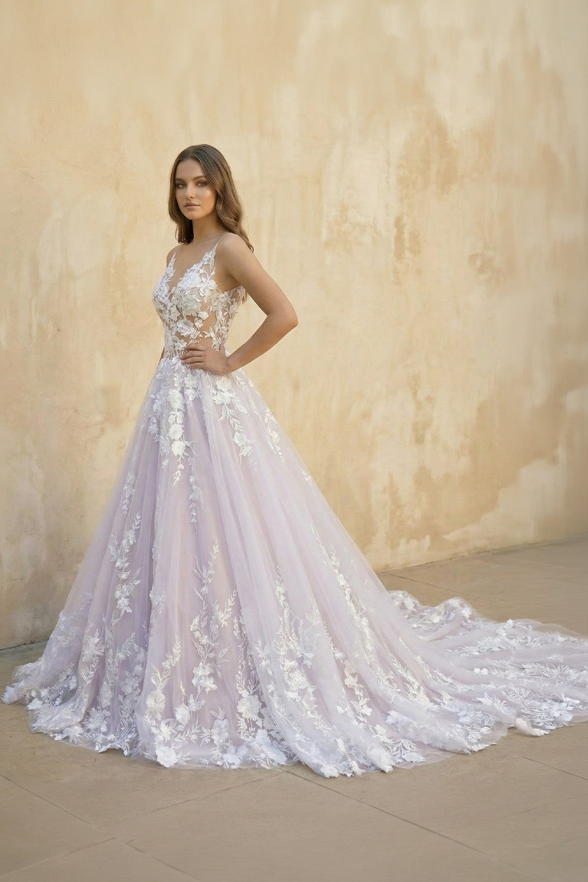 Light Purple Sleeveless A Line V-Neck Lace Wedding Dresses, Purple / 10 Light Purple Sleeveless A Line V-Neck Lace Wedding Dresses, Purple / 10