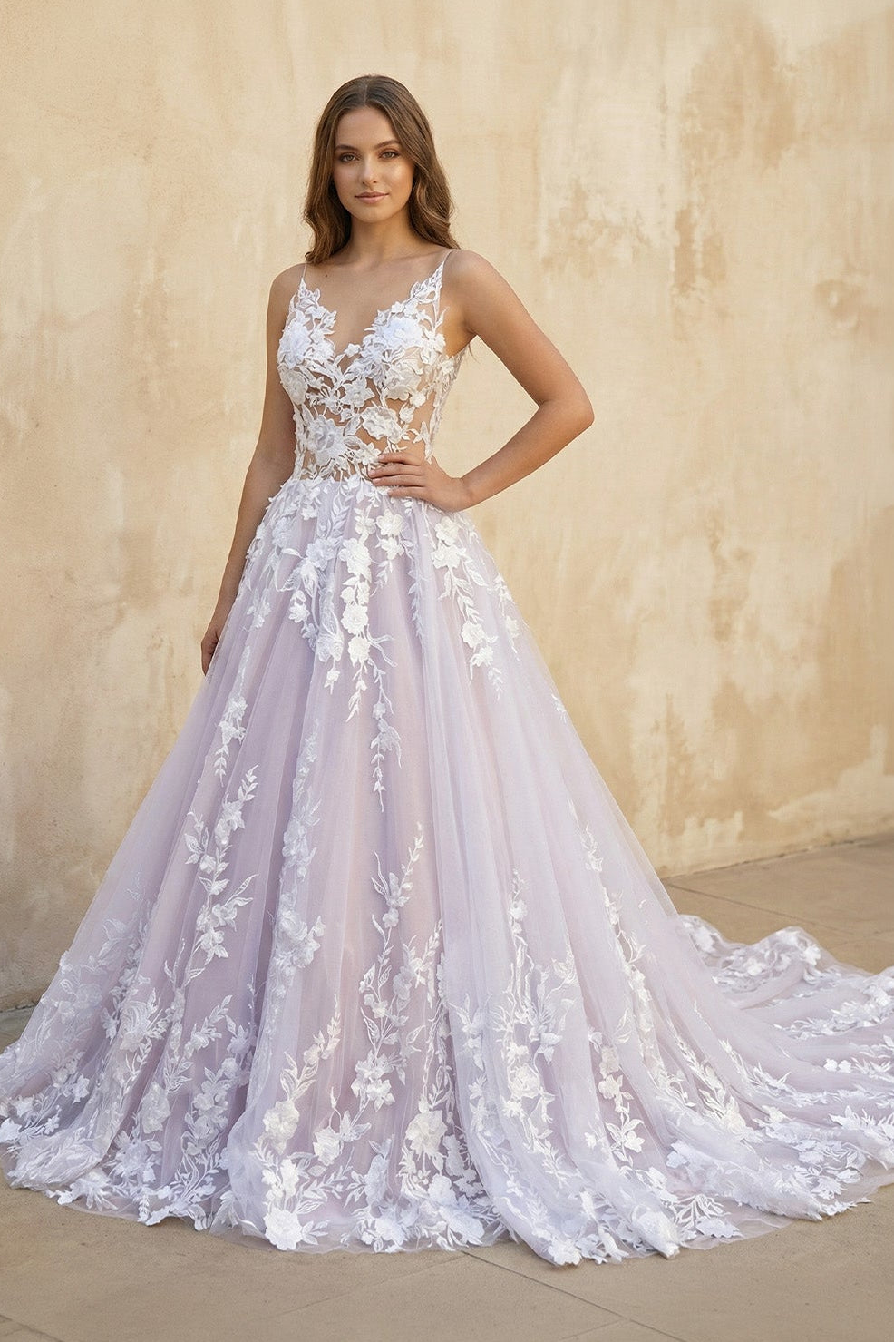 KissProm Light Purple Sleeveless A Line V-Neck Lace Wedding Dresses, Purple / 10