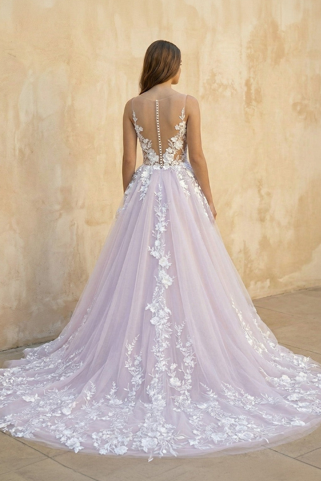 Light Purple Sleeveless A Line V-Neck Lace Wedding Dresses, Purple / 10