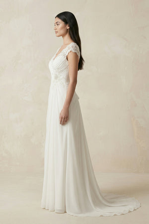 V - Neck Lace Cap Sleeve A - Line Chiffon Wedding Dress in Ivory - KissProm Wedding Dresses
