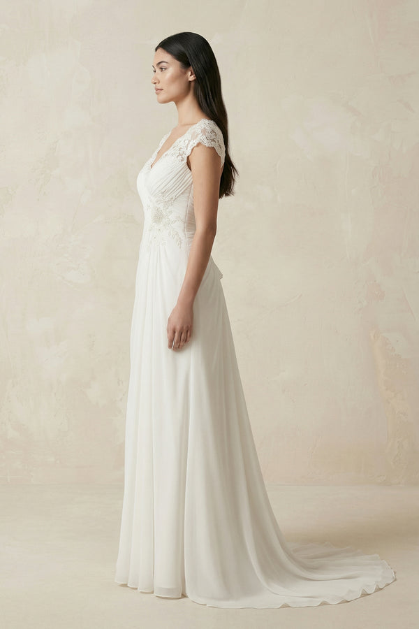 V - Neck Lace Cap Sleeve A - Line Chiffon Wedding Dress in Ivory - KissProm Wedding Dresses