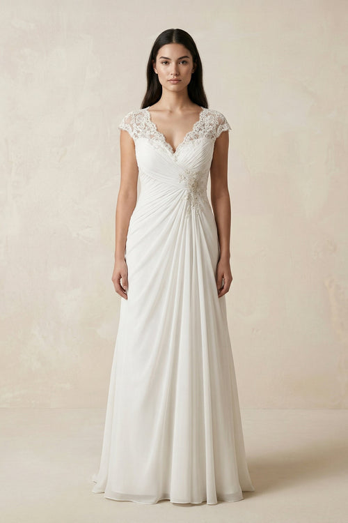 V - Neck Lace Cap Sleeve A - Line Chiffon Wedding Dress in Ivory - KissProm Wedding Dresses