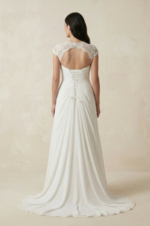 V - Neck Lace Cap Sleeve A - Line Chiffon Wedding Dress in Ivory - KissProm Wedding Dresses