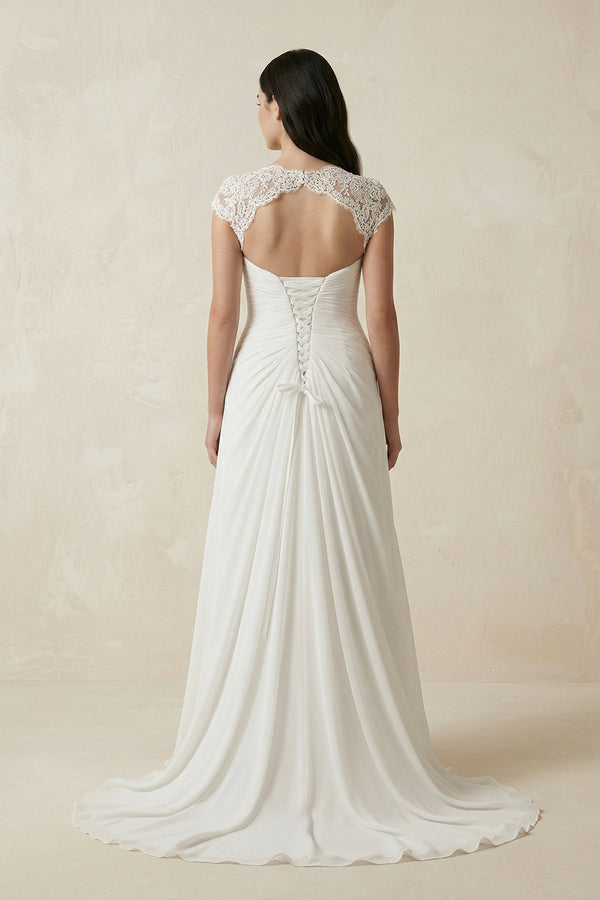 V - Neck Lace Cap Sleeve A - Line Chiffon Wedding Dress in Ivory - KissProm Wedding Dresses