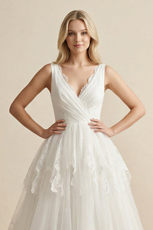 V - Neck Lace Tulle Ruched Wedding Dress in Ivory - KissProm Wedding Dresses