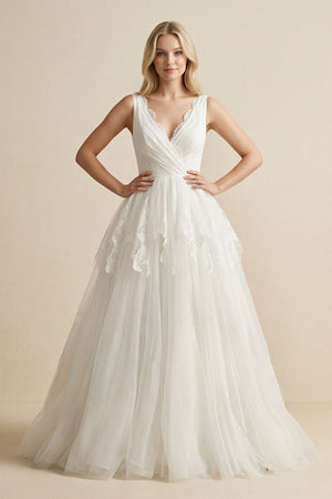 V - Neck Lace Tulle Ruched Wedding Dress in Ivory - KissProm Wedding Dresses