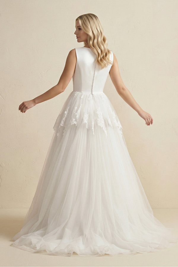 V - Neck Lace Tulle Ruched Wedding Dress in Ivory - KissProm Wedding Dresses