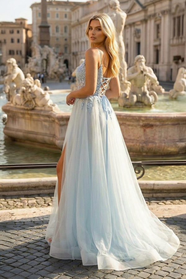 V - Neck Lace - Up Appliques Tulle A - Line Prom Dress - KissProm