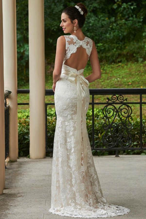 Classic Mermaid V-Neck White Lace Backless Wedding Bridal Dress – Wedding Dresses by KissProm | Available at KissProm