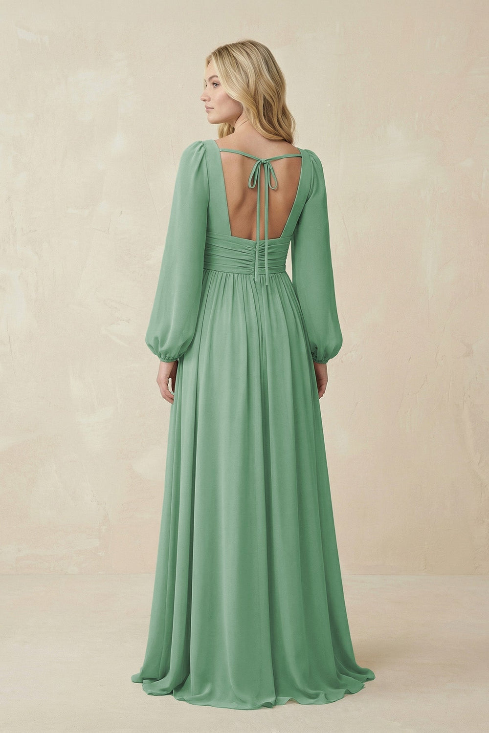 V-Neck Long Sleeve A-Line Chiffon Bridesmaid Dress in Sea Glass - KissProm BRIDESMAID DRESSES