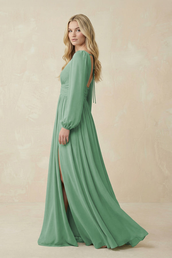 V-Neck Long Sleeve A-Line Chiffon Bridesmaid Dress in Sea Glass - KissProm BRIDESMAID DRESSES