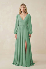 V-Neck Long Sleeve A-Line Chiffon Bridesmaid Dress in Sea Glass - KissProm BRIDESMAID DRESSES