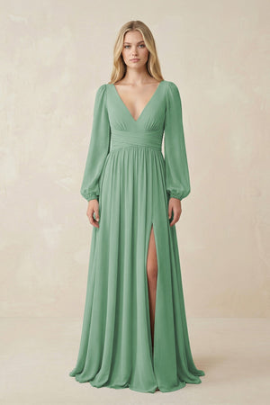 V-Neck Long Sleeve A-Line Chiffon Bridesmaid Dress in Sea Glass - KissProm BRIDESMAID DRESSES