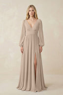V-Neck Long Sleeve A-Line Chiffon Bridesmaid Dress in Almond - KissProm BRIDESMAID DRESSES