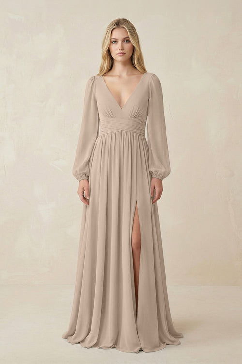 V-Neck Long Sleeve A-Line Chiffon Bridesmaid Dress in Almond - KissProm BRIDESMAID DRESSES