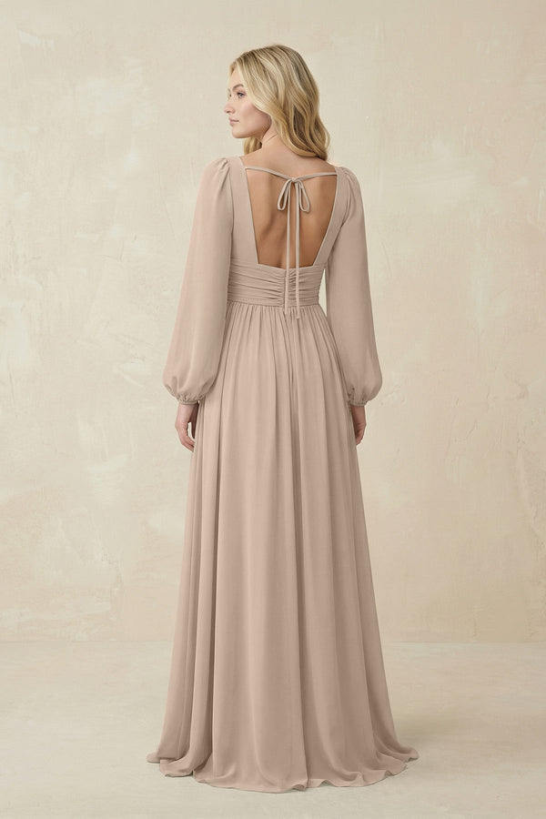 V-Neck Long Sleeve A-Line Chiffon Bridesmaid Dress in Almond - KissProm BRIDESMAID DRESSES
